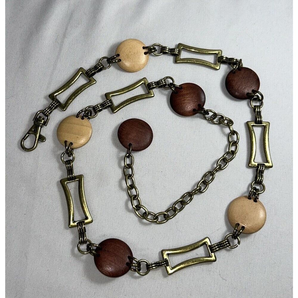 38” Vintage Goldtone And Wood Chain Dress Waist Belt With Lobster Clasp